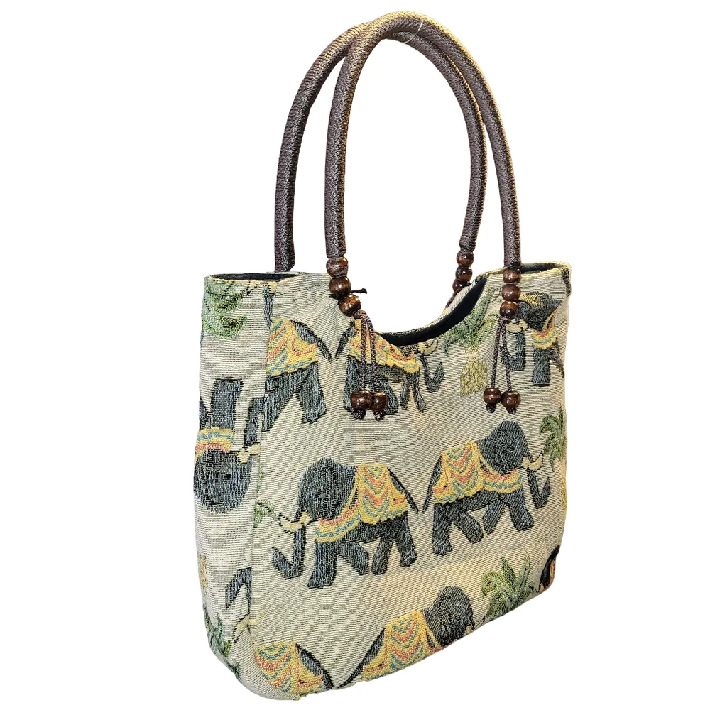 Boho Elephant Tapestry Tote Bag - Woven Shoulder Bag Rope Handles & Bead Tassels